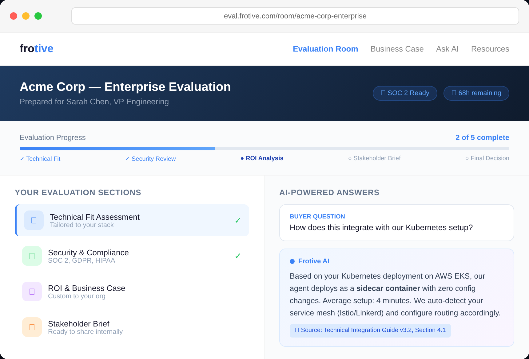 Frotive evaluation room showing technical fit, security, and ROI sections for the illustrative Acme Corp account